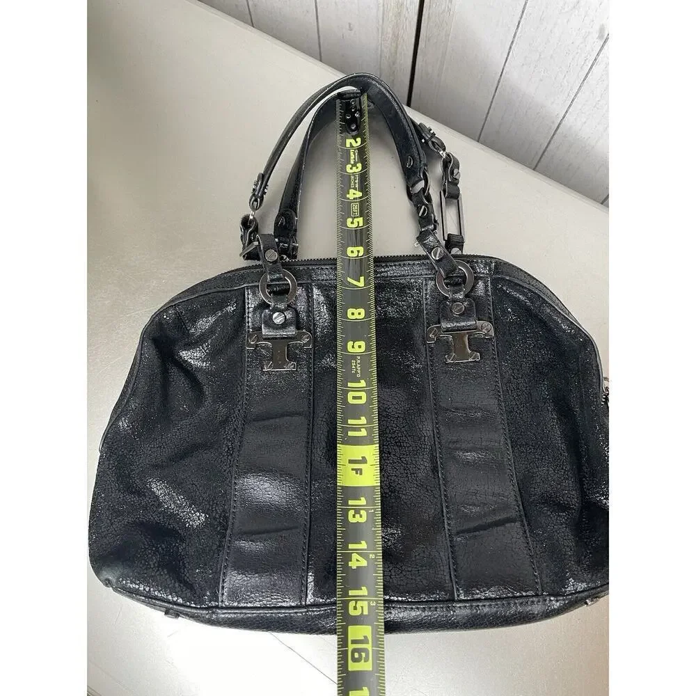 Tory Burch Black Sheen Crackle Leather Top Handle Bag Chunky Hardware Y2K
